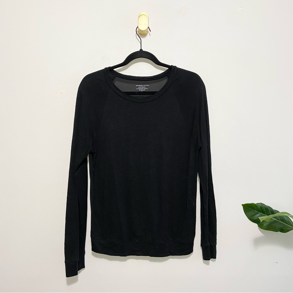 Majestic Filatures Paris Linen Silk Black Long Sleeve Crew Neck Tee Shirt